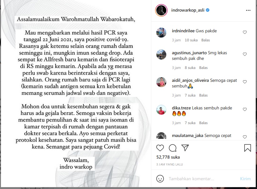 Positif Covid-19, Indro Warkop Ungkap Kondisinya