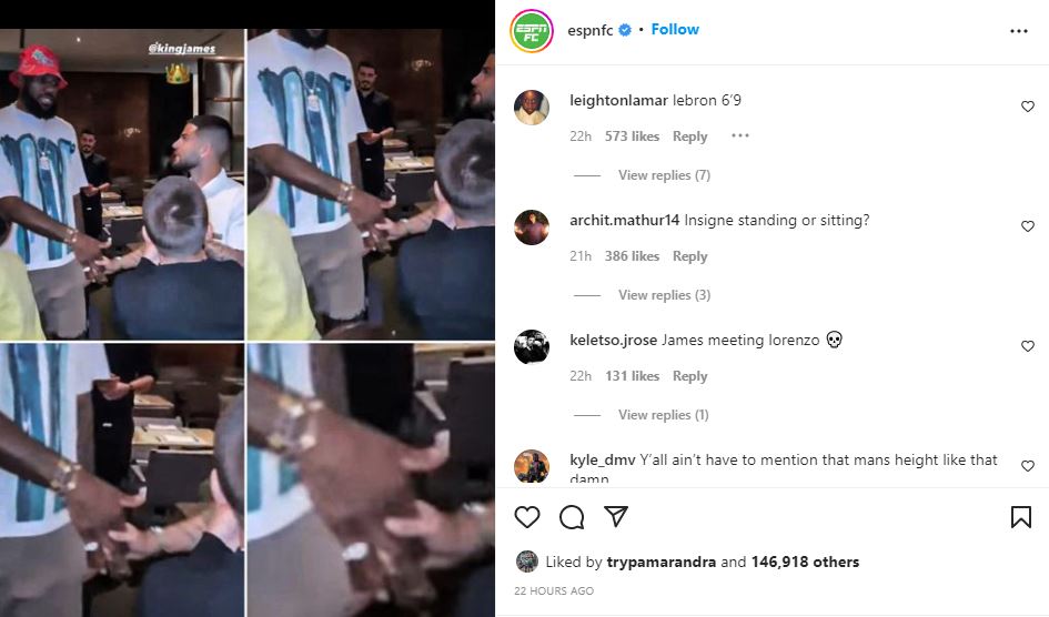Netizen Salah Fokus Saat LeBron James Bertemu Insigne: Kayak Pegang Tangan Bayi