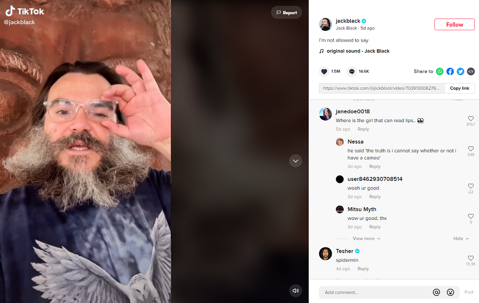 ?Jack Black tanggapi kemunculannya di Film Spider-Man No Way Home. TikTok @jackblack.