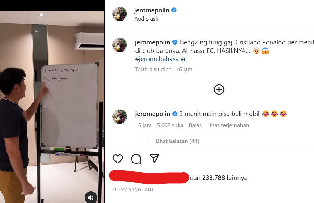 Jerome Polin Hitung Gaji Cristiano Ronaldo di Al-Nassr: Per Menit Dibayar Rp95 Juta