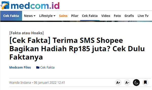[Cek Fakta] Shopee Memberikan Hadiah Rp185 Juta? Ini Faktanya