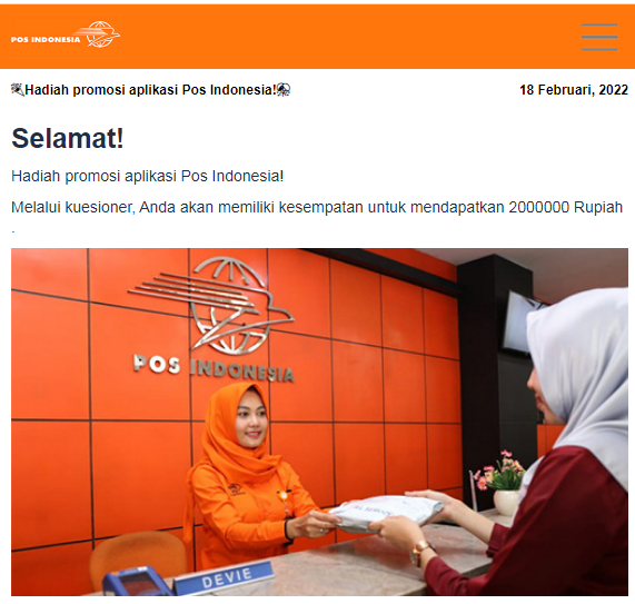 [Cek Fakta] Beredar Link PT Pos Indonesia Gelar Survei Berhadiah Rp2 Juta? Ini Faktanya