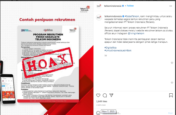 [Cek Fakta] Beredar Lowongan Kerja PT Telkom untuk Lulusan Baru? Ini Faktanya