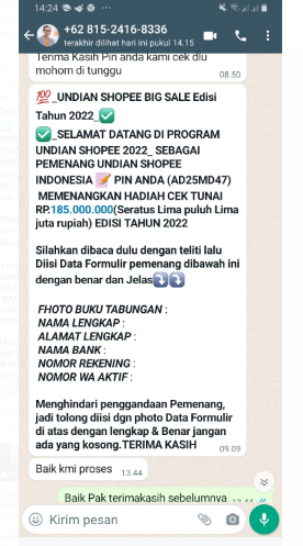 [Cek Fakta] Beredar Pesan Singkat Pemenang Undian Shopee Berhadiah Cek Tunai Rp185 Juta? Ini Faktanya
