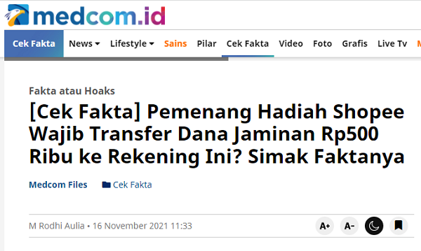 [Cek Fakta] Beredar Pesan Singkat Pemenang Undian Shopee Berhadiah Cek Tunai Rp185 Juta? Ini Faktanya