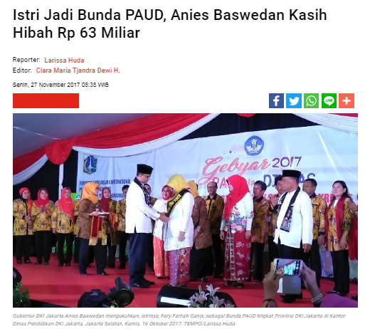 [Cek Fakta] Anies Baswedan Kasih Istrinya Duit APBD DKI Jakarta Rp63 Miliar? Ini Faktanya