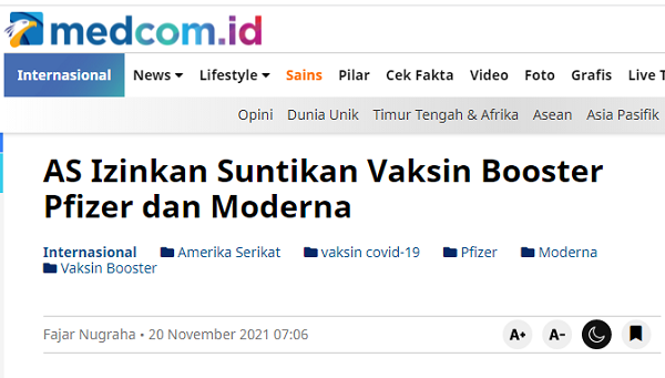 [Cek Fakta] Benarkah Otoritas Amerika Tolak Suntikan Vaksin Booster Pfizer? Ini Faktanya