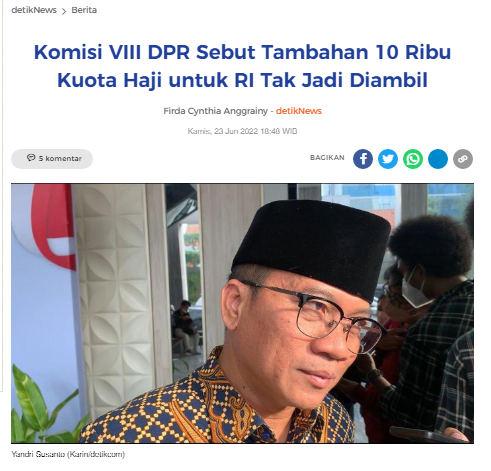 [Cek Fakta] Tambahan 10 Ribu Kuota Haji 2022 Indonesia tak Diambil karena Negara Bangkrut dan tidak Bisa Kembalikan Dana yang Diselewengkan? Ini Faktanya