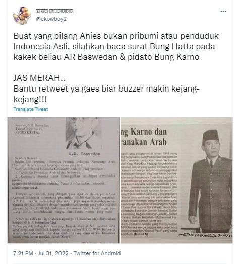 [Cek Fakta] Benarkah Bung Hatta Kirim Surat ke AR Baswedan soal Keturunan Arab di Indonesia? Ini Faktanya