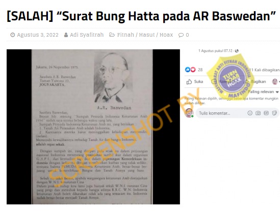 [Cek Fakta] Benarkah Bung Hatta Kirim Surat ke AR Baswedan soal Keturunan Arab di Indonesia? Ini Faktanya