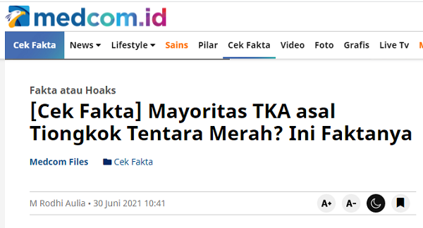 [Cek Fakta] TKA Tiongkok Tentara Merah yang Disusupkan Masuk Indonesia? Ini Faktanya