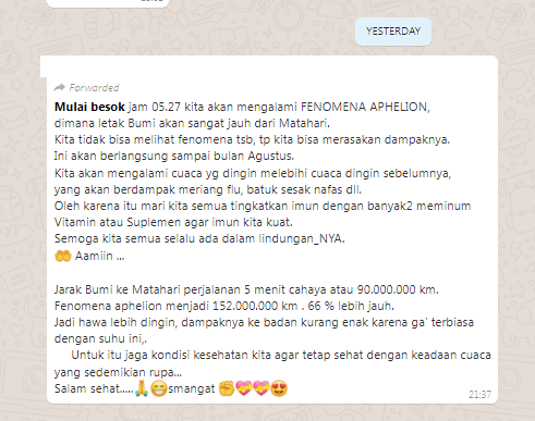 [Cek Fakta] Muncul Fenomena Aphelion Cuaca jadi Lebih Dingin dan Bikin Meriang hingga Batuk Sesak Napas? Simak Faktanya