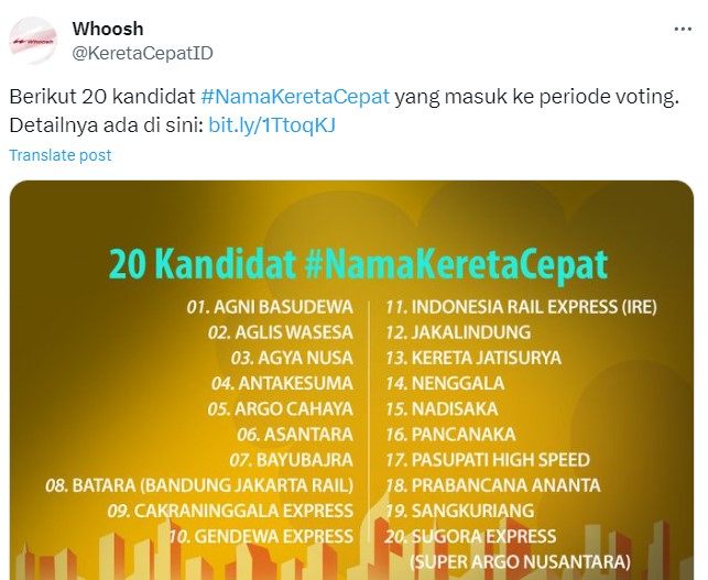 Enggak Ada Whoosh Ini Daftar 20 Kandidat Nama Kereta Cepat Jakarta-Bandung