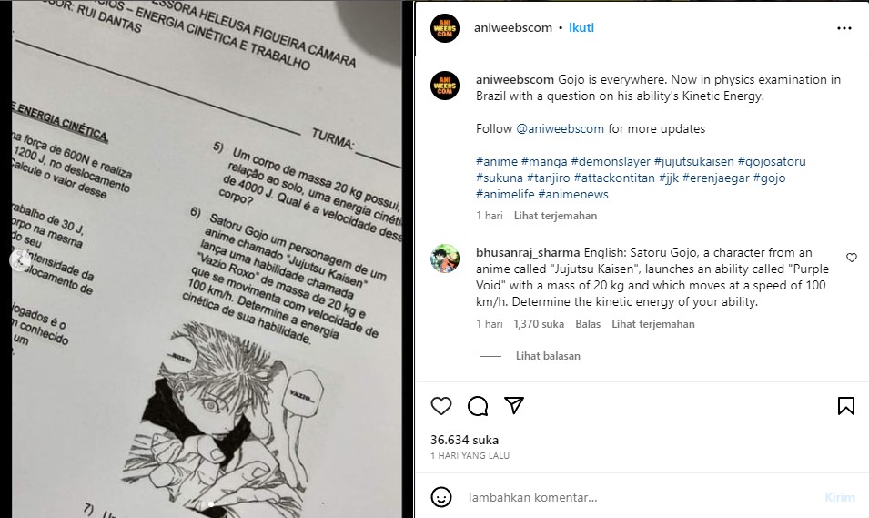 Viral! Jurus Gojo Satoru Jadi Soal Fisika, Disuruh Menghitung Energi Kinetik Teknik Purple