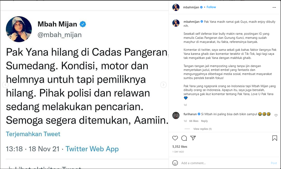 Klarifikasi Mbah Mijan terkait komentari Yana Supriatna yang hilang di Cadas Pangeran Sumedang. Instagram @mbahmijan