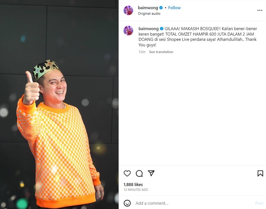 Bukan Prank! Hanya dalam 2 Jam Baim Wong Raih Omzet hingga Rp600 Juta pada Sesi Shopee Live Perdana