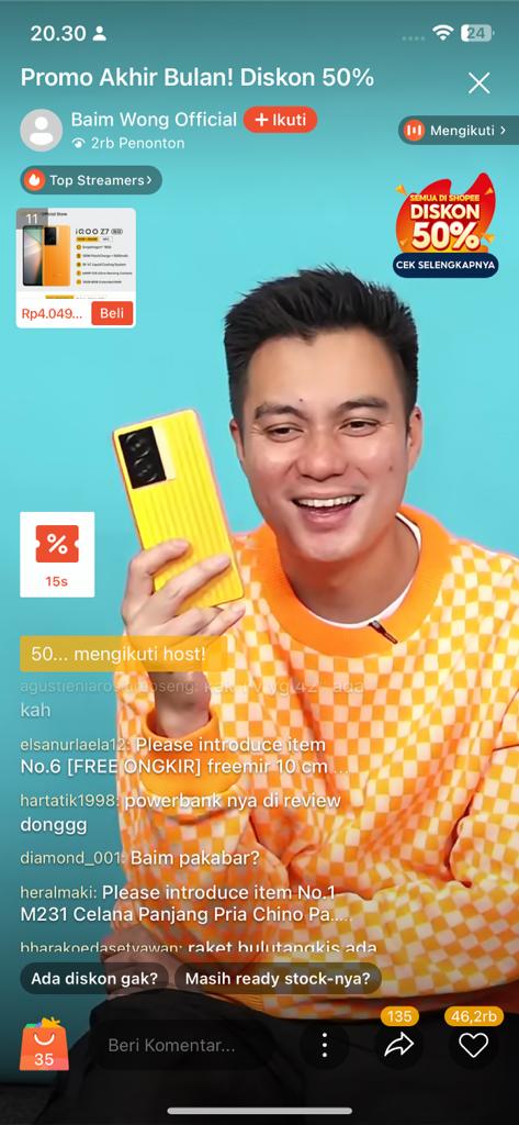 Bukan Prank! Hanya dalam 2 Jam Baim Wong Raih Omzet hingga Rp600 Juta pada Sesi Shopee Live Perdana