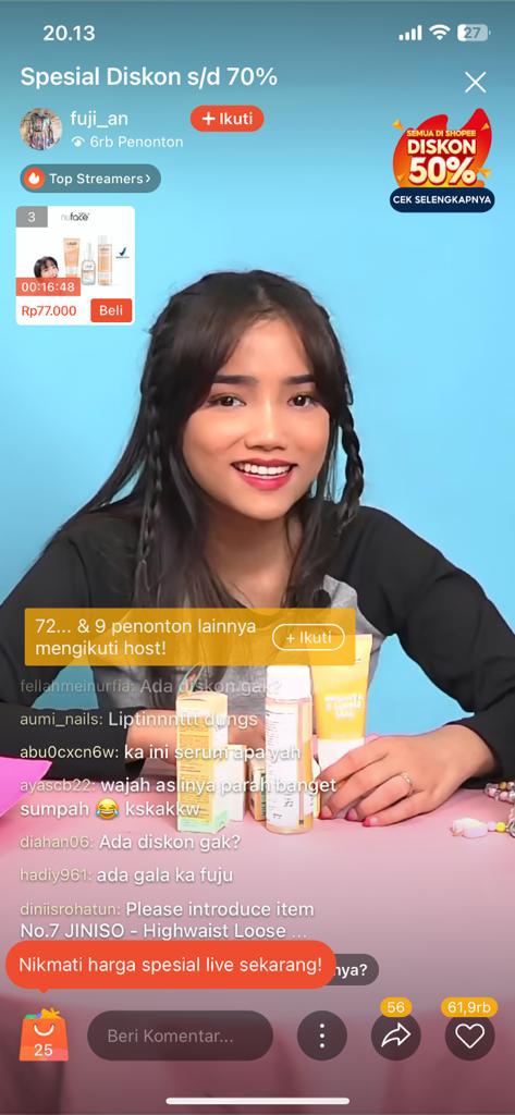 Giliran Fuji Raih Cuan di Sesi Shopee Live Perdana, Berhasil Jual Lebih dari 3 Ribu Produk!