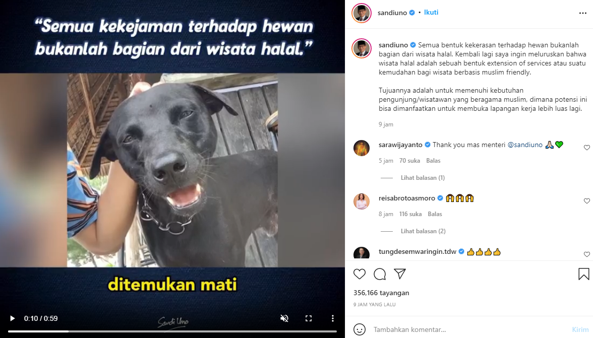 Menparekraf Sandiaga Uno sebut kekerasan hewan bukan bagian wisata halal. Foto Instagram sandiuno