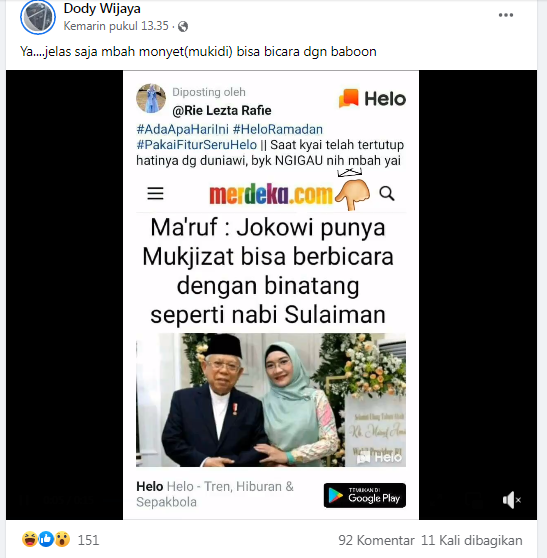 [Cek Fakta] Ma'ruf Amin Sebut Jokowi Bisa Bicara dengan Binatang? Ini Faktanya