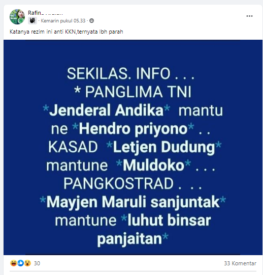 [Cek Fakta] Benarkah KSAD Jenderal Dudung Menantu Moeldoko? Ini Faktanya