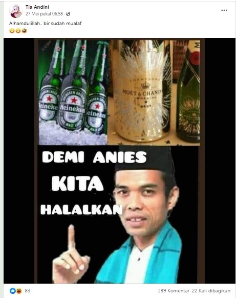 [Cek Fakta] Foto UAS dan Botol Bir dengan Tulisan 'Demi Anies Kita Halalkan'? Ini Faktanya
