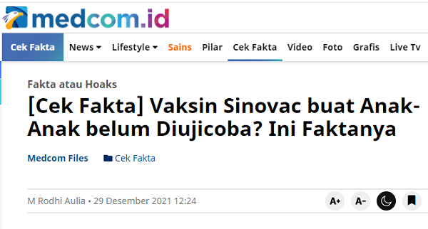 [Cek Fakta] Vaksin Sinovac untuk Anak Sama Sekali belum Diujicoba? Ini Faktanya