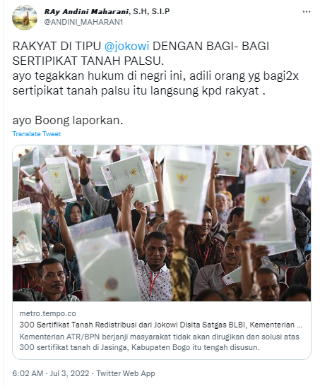 [Cek Fakta] Benarkah Jokowi Menipu dengan Membagi-bagikan Sertifikat Tanah Palsu ke Ratusan Warga berhasil Bogor? Ini Faktanya