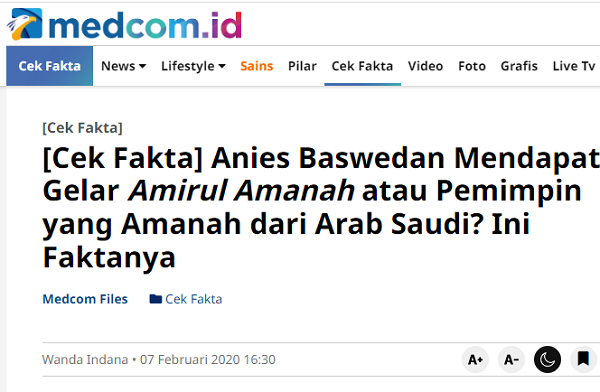 [Cek Fakta] Foto Anies Baswedan Mendapat Gelar Amirul Amanah dari Arab Saudi? Ini Faktanya
