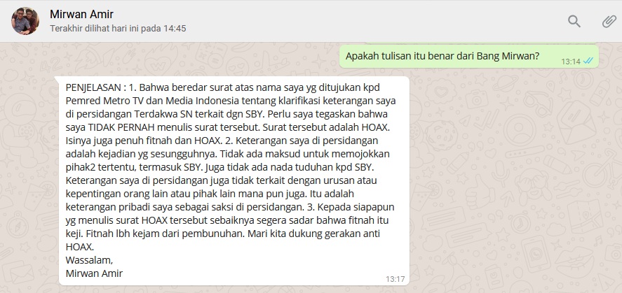 Mirwan Amir Bantah Tulis Surat ke Pemred Metro TV