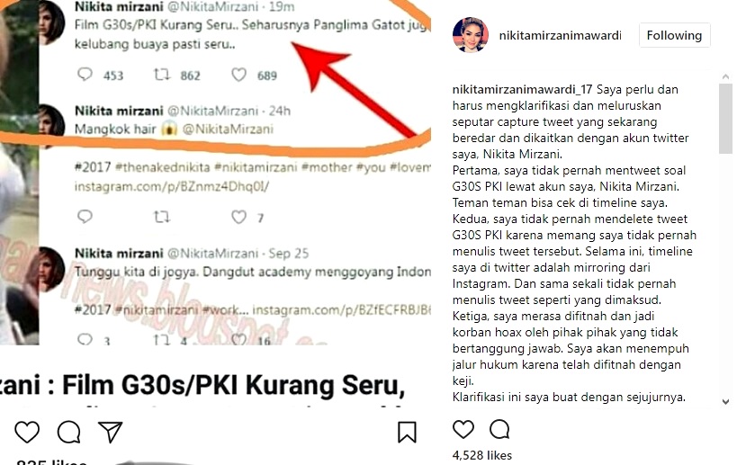 Nikita Mirzani Beri Bantahan di Instagramnya Soal Penghinaan Terhadap Gatot Nurmantyo