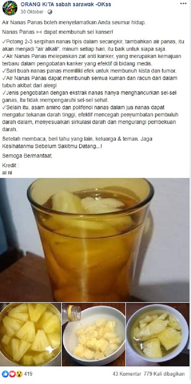 Cek Fakta Air Nanas Panas Dapat Sembuhkan Kanker