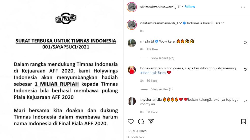 Luar Biasa! Nikita Mirzani Siap Hadiahi Rp1 Miliar untuk Timnas Indonesia