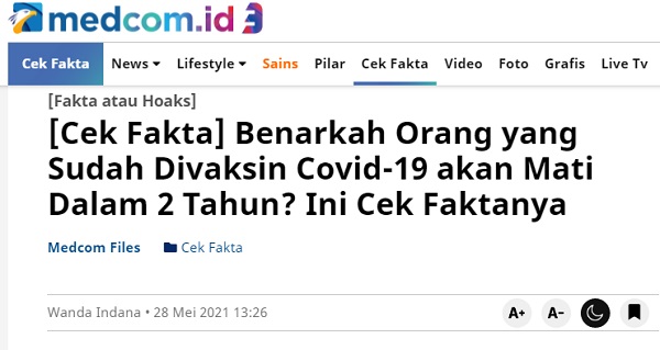 [Cek Fakta] Benarkah Setiap Orang yang Divaksin akan Meninggal dalam 2 Tahun Mendatang? Ini Faktanya