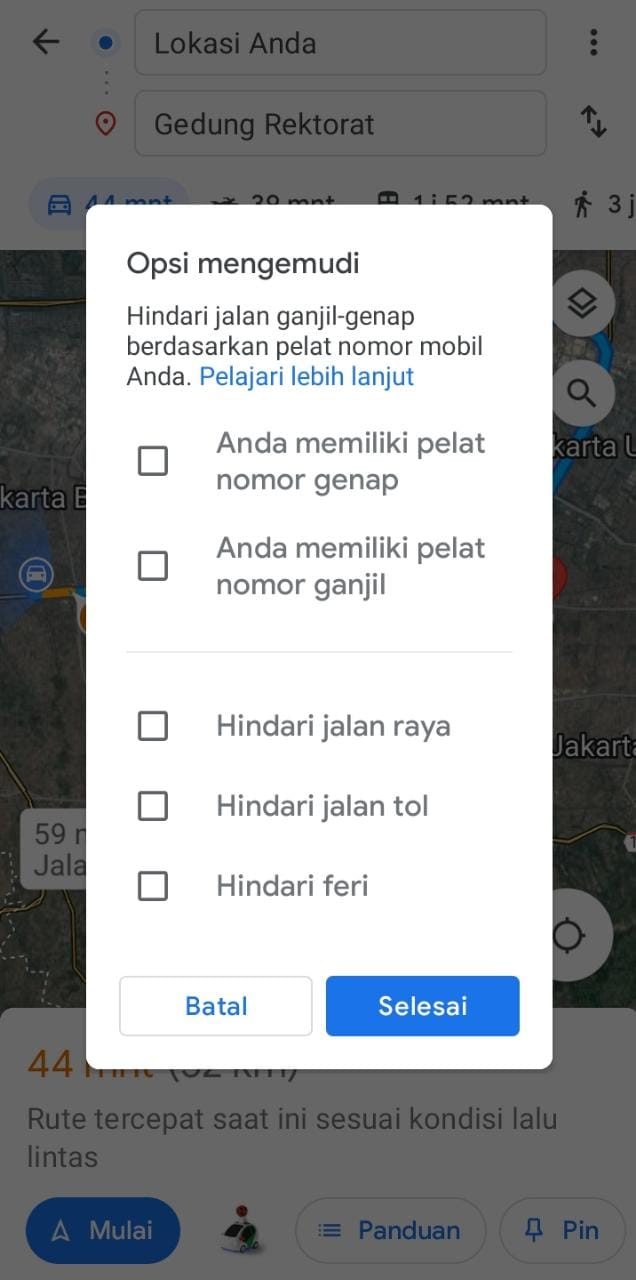 Opsi rute ganjil genap Google Maps
