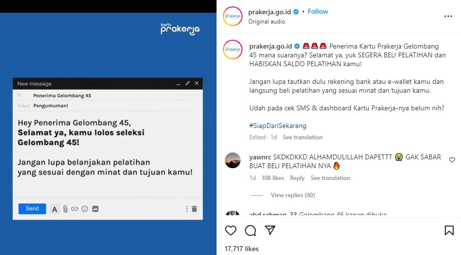 Kartu Prakerja Gelombang 45 Diumumkan, Simak Cara Cek Hasil Seleksinya