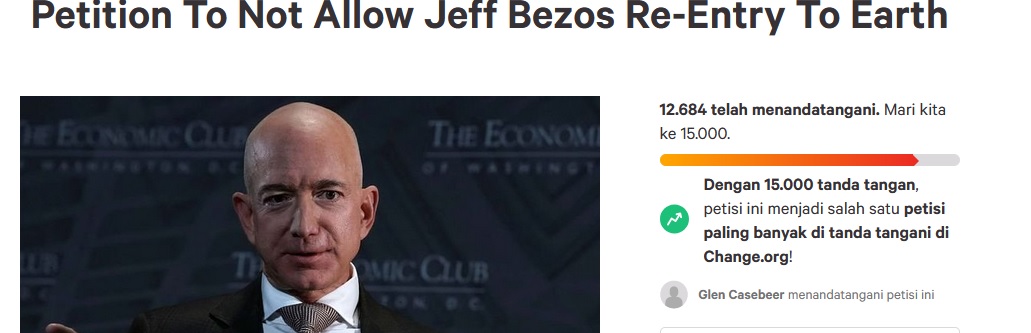 Duh, Ribuan Orang Tolak Jeff Bezos Balik ke Bumi, Ada Apa?