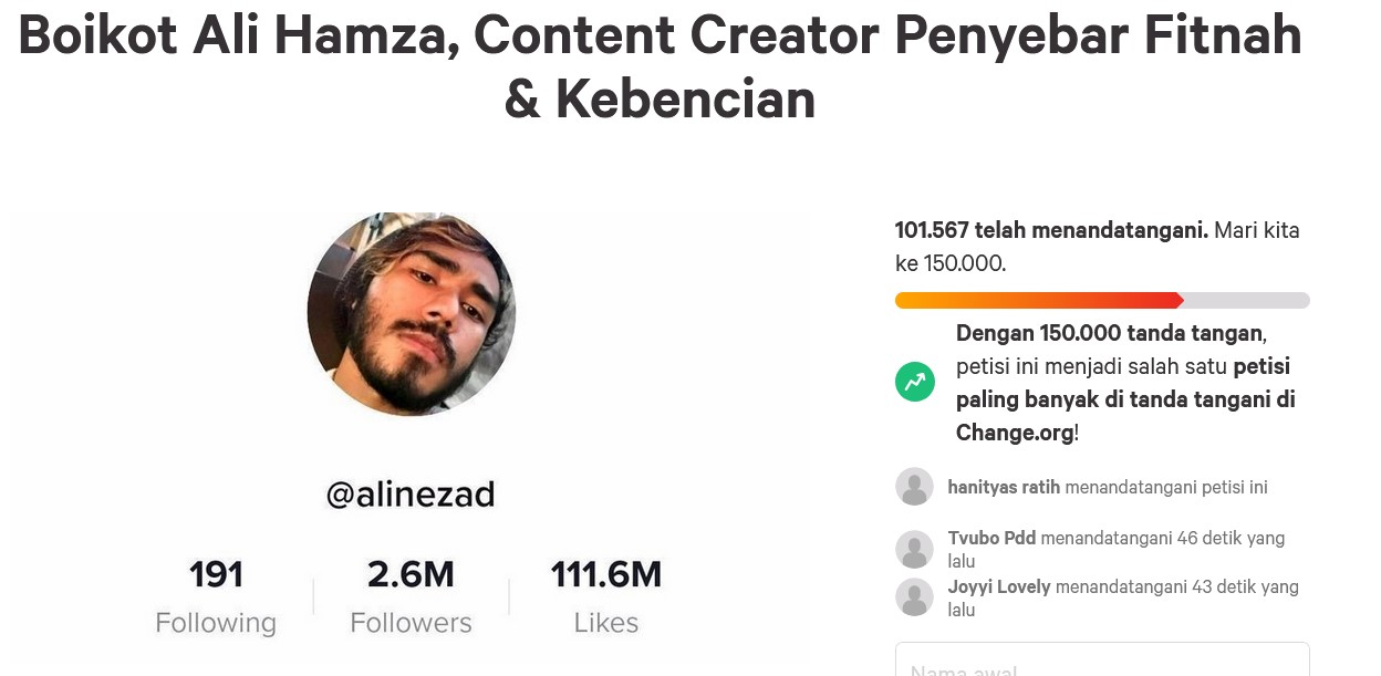 Netizen Ramai-ramai Boikot TikTokers Ali Hamzah, Ada Apa?
