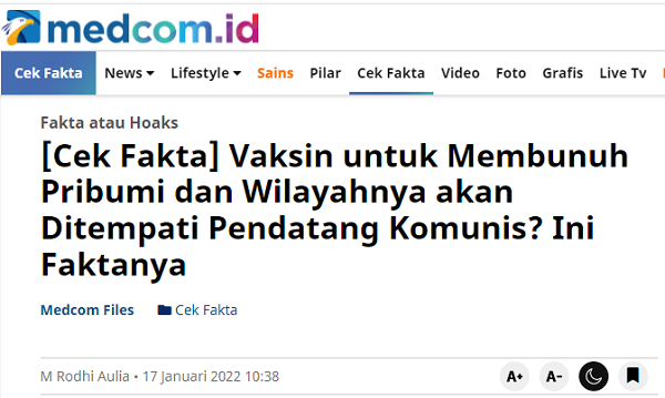 [Cek Fakta] Masih Ada yang Percaya Vaksin untuk Membunuh Pribumi? Simak Faktanya