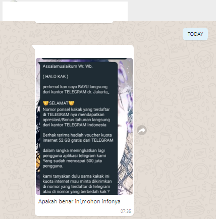 [Cek Fakta] Telegram Bagi-Bagi Bonus Tahunan <i>Voucher</i> Internet 52 GB? Ini Faktanya