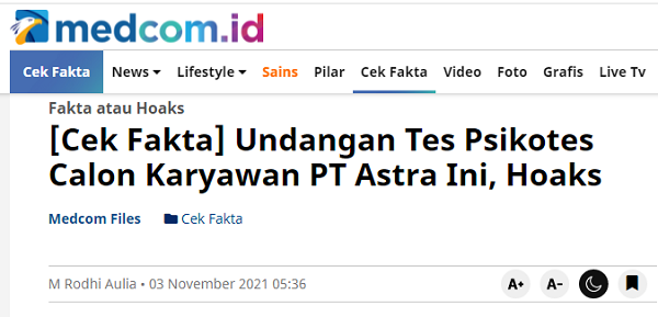 [Cek Fakta] Jika Anda Menerima Surat Panggilan Psikotes Calon Pegawai Astra Group, Simak Faktanya Di Sini