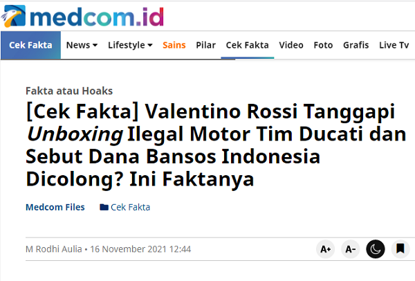 [Cek Fakta] Setelah Pensiun dari MotoGP, Valentino Rossi jadi Anggota GP Ansor? Ini Faktanya