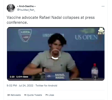 [Cek Fakta] Video Petenis Dunia Rafael Nadal Pingsan saat Konferensi Pers Dikaitkan dengan Vaksin? Ini Faktanya