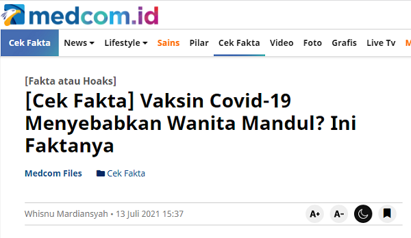 [Cek Fakta] Vaksinasi Sebabkan Kemandulan bagi Anak Perempuan? Ini Faktanya
