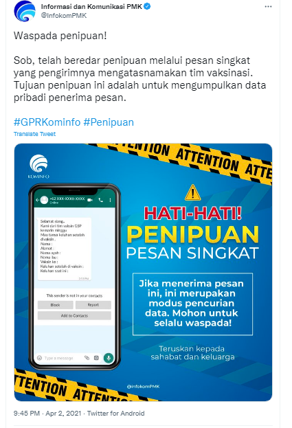 [Cek Fakta] Pesan WhatsApp soal Permintaan Data Pribadi terkait Keluhan setelah Divaksin? Ini Faktanya