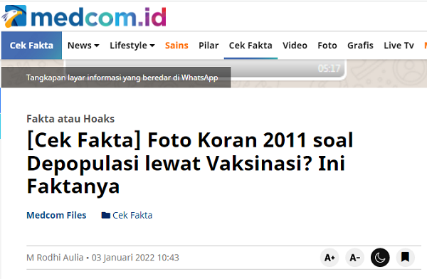 [Cek Fakta] Vaksin Covid-19 Dibuat untuk Melenyapkan Penduduk Dunia karena sudah Terlalu Banyak? Ini Faktanya