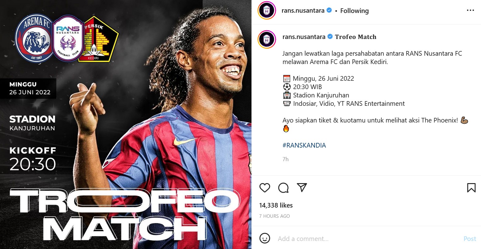 Malam Ini, Berikut <i>Link Live Streaming</i> Ronaldinho Main di Trofeo Lawan Arema dan Persik