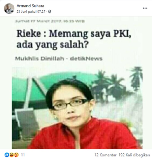 [Cek Fakta] Rieke Diah Pitaloka Mangaku PKI? Cek Faktanya