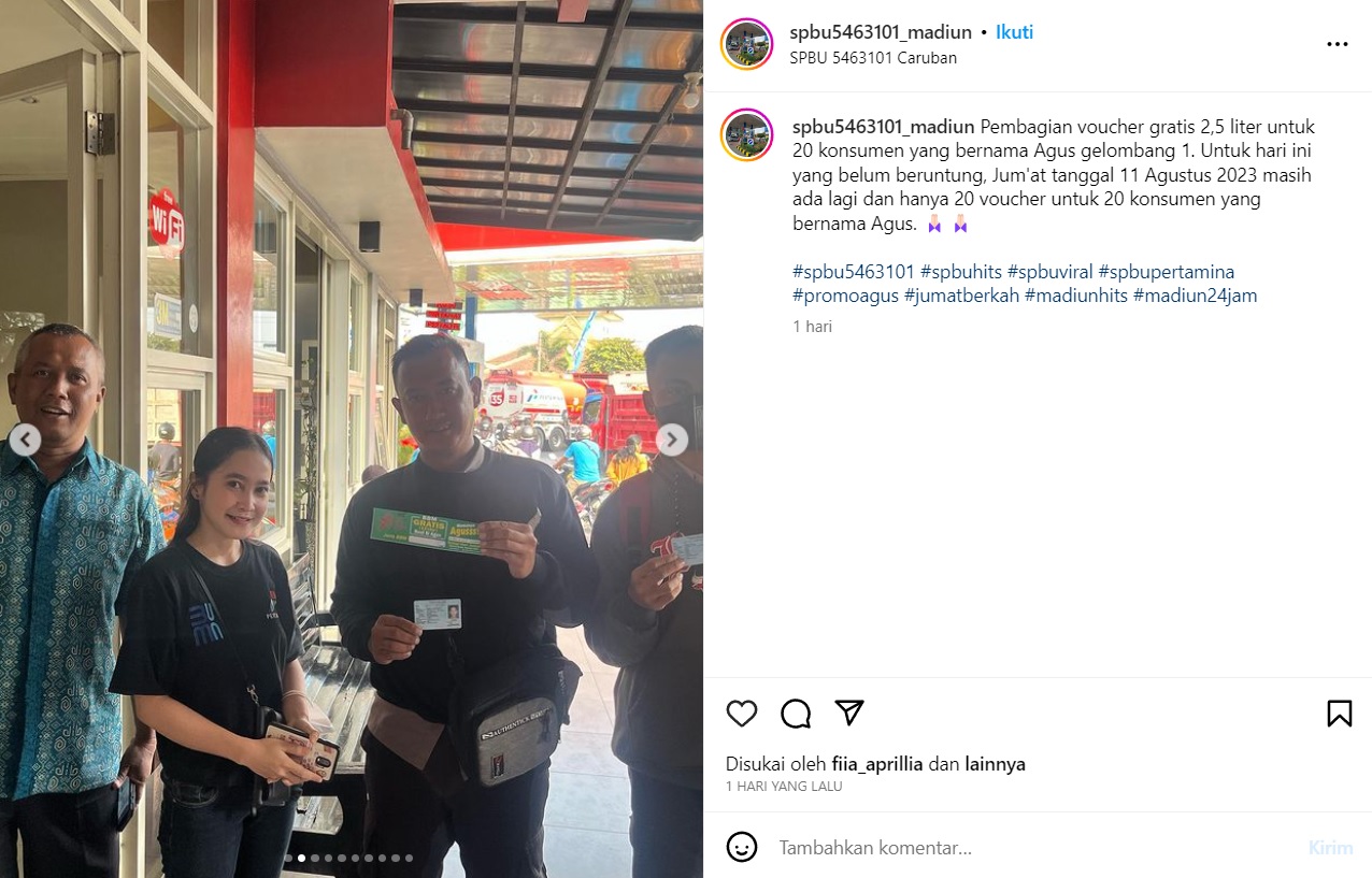 Kabar Gembira! Pemilik Nama Agus Bakal Dapat Bensin Gratis Selama Bulan Agustus di SPBU Ini
