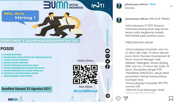 [Cek Fakta] Benarkah Ini Akun Instagram Resmi PT INTI yang Tawarkan Lowongan Kerja? Simak Faktanya